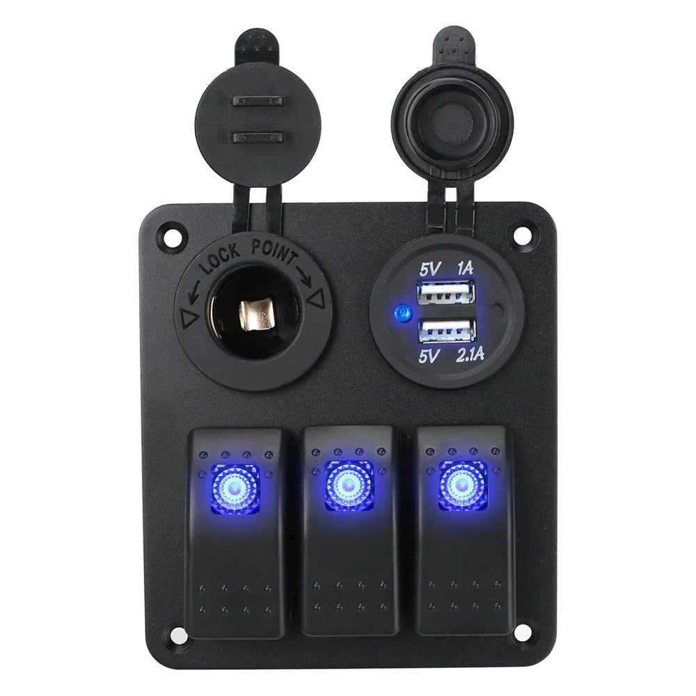 12V 24V Car Switch Panel 2/3 Gang Waterproof Light Toggle Control Digital Voltmeter Dual USB Chargers Ports Outlet Combination