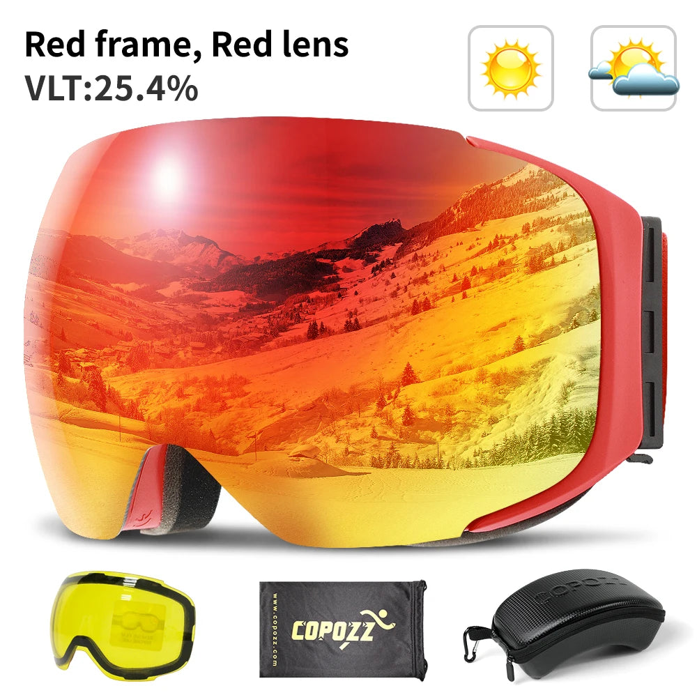 COPOZZ Magnetic Ski Goggles with Quick-Change Lens and Case Set 100% UV400 Protection Anti-fog Snowboard Goggles for Men & Women