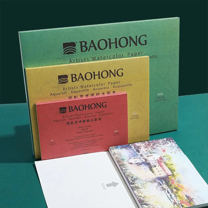Baohong 100% Cotton Watercolor Paper Pad 300gsm 20 Sheets, Fine/Medium/Rough