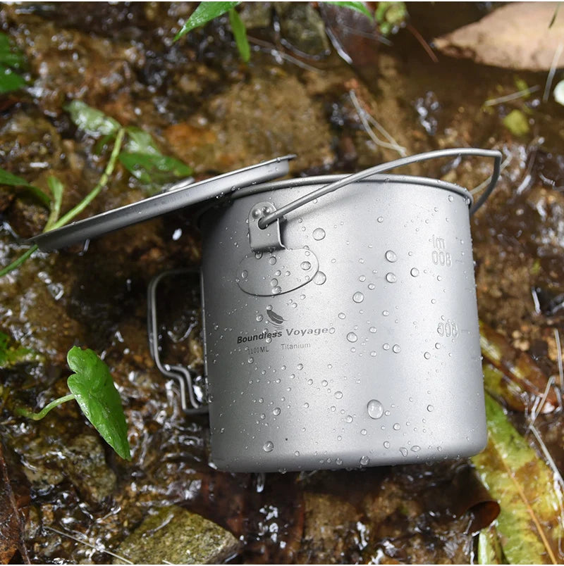 Boundless Voyage 1100ml Camping Titanium Hanging Pot with Lid Folding Handle Outdoor Hiking Picnic Ultralight Cup Mug