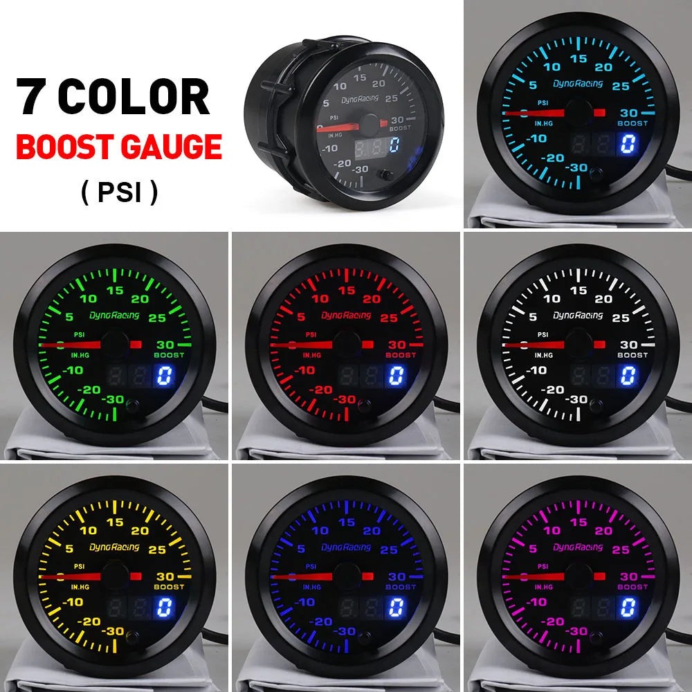 Dynoracing 2" 52mm 7 Colors LED Dual Display Boost Water Oil temp Oil pressure Voltmeter Air fuel Ratio EGT Tachometer Car Gauge