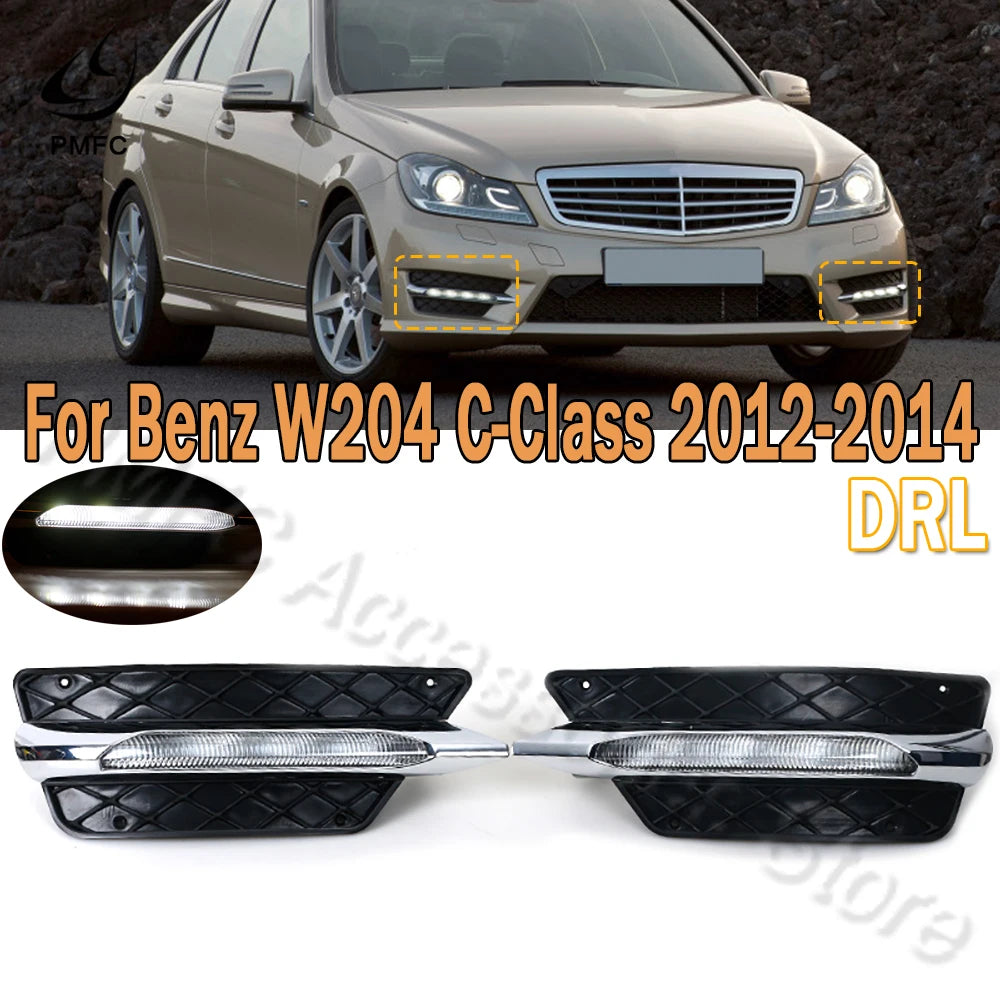 PMFC Front Bumper Grilles Molding LED Fog Light Daytime Running Light Fog Lamp For Mercedes-Benz W204 C-Class 2012 2013 2014