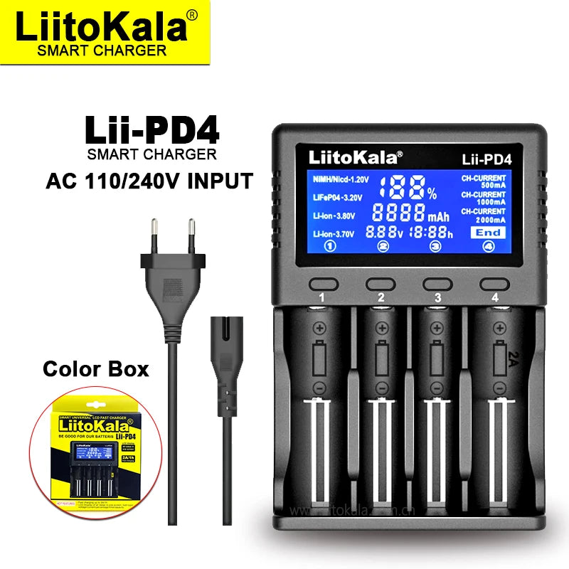 Liitokala Lii-PD2/Lii-PD4 Li-ion & NiMH Battery Charger for 18650 21700 26650 AA AAA