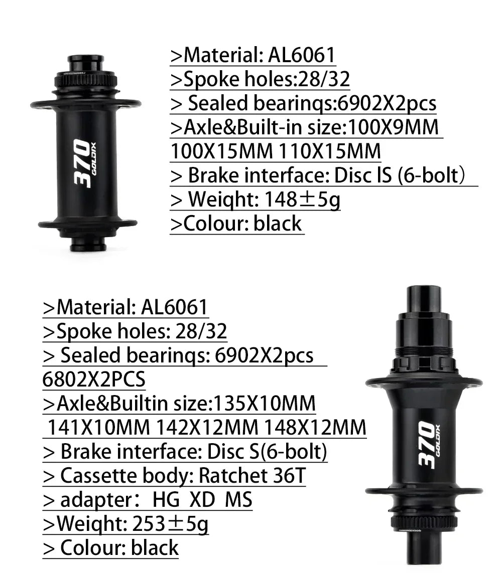 GOLDIX 370 32H Bicycle Hub Sealed Bearing Center Lock Disc Brake J-Bend 32 Holes Ratchet 36T BOOST MTB Hub XD / HG / MS