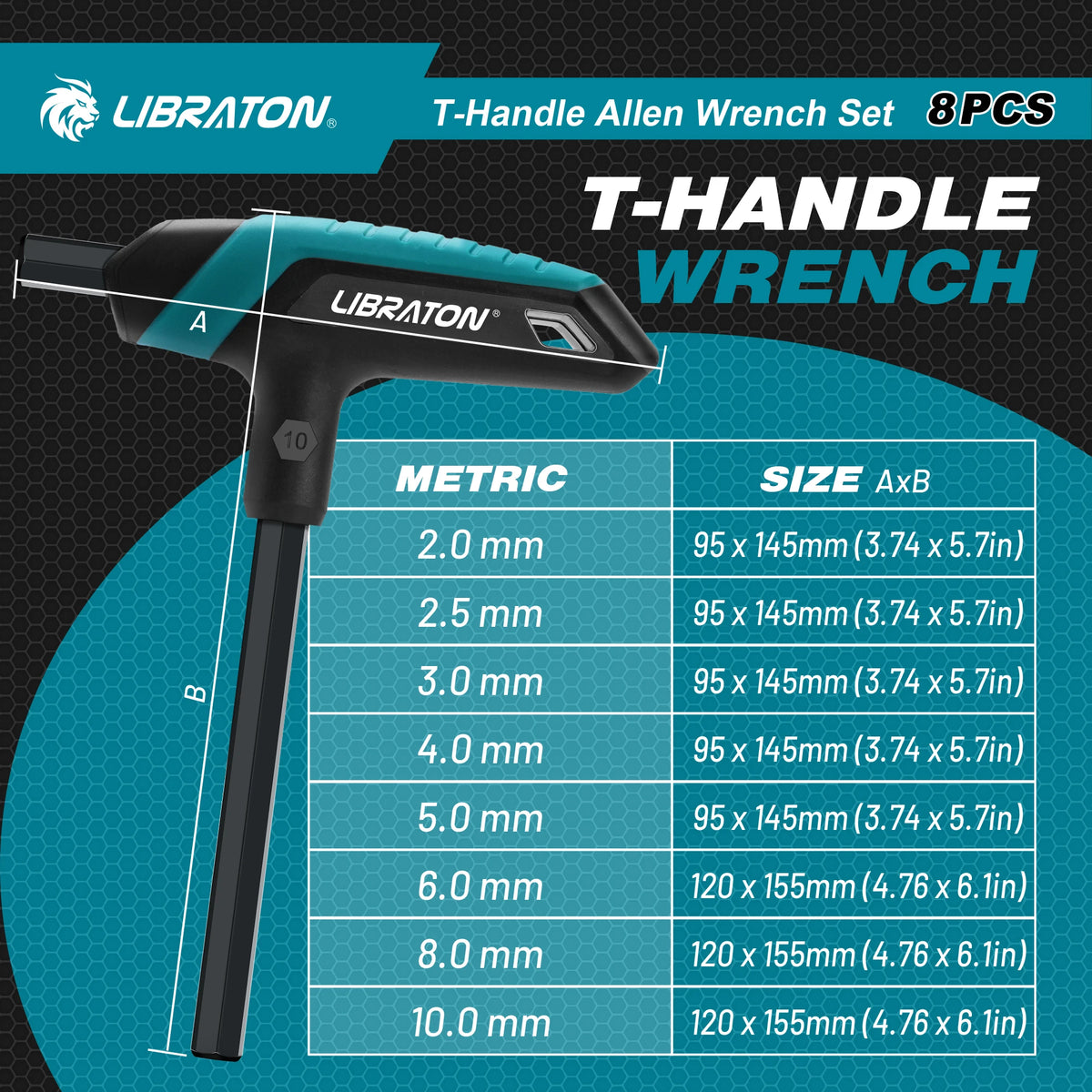 LIBRATON Metric Hex Key T-Handle Set, 2.0mm-10mm T-Handle Allen Wrench Set with Storage Rack, Long shank, for Automotive Repair