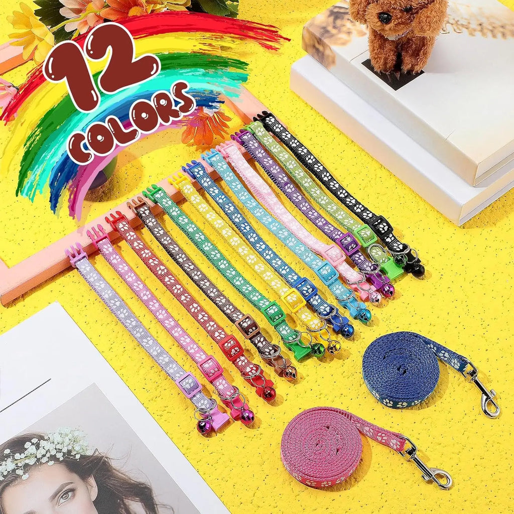 24pcs Dog Collar and Leash Set Adjustable Nylon Paw Print with Bell for Small Dogs Cats