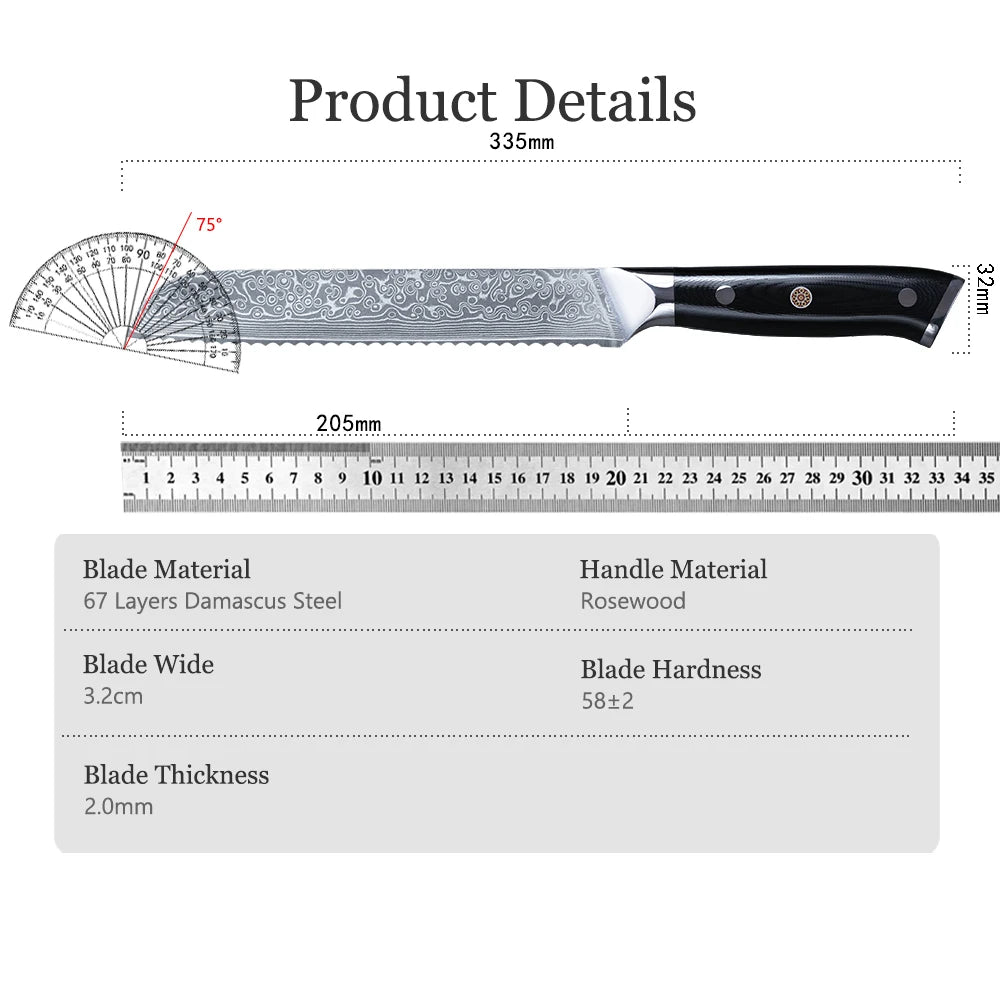 8-inch serrated bread knife Japanese Damascus steel VG10 chef's knife Super sharp kitchen knife for cutting bread and cake knife