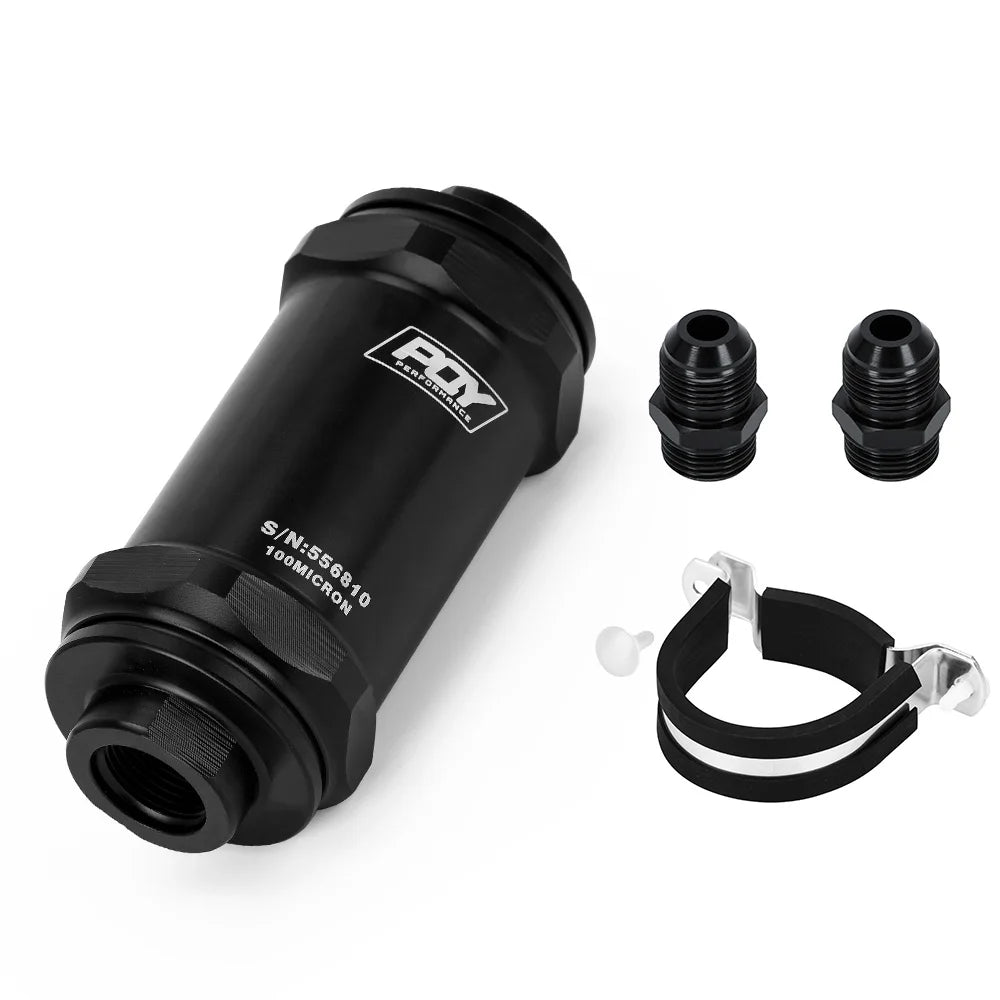WLR - PQY BLACK AN6 / AN8 / AN10 Adaptor Fittings Inline Fuel Filter E85 Ethanol With 100 Micron Stainless Steel Element