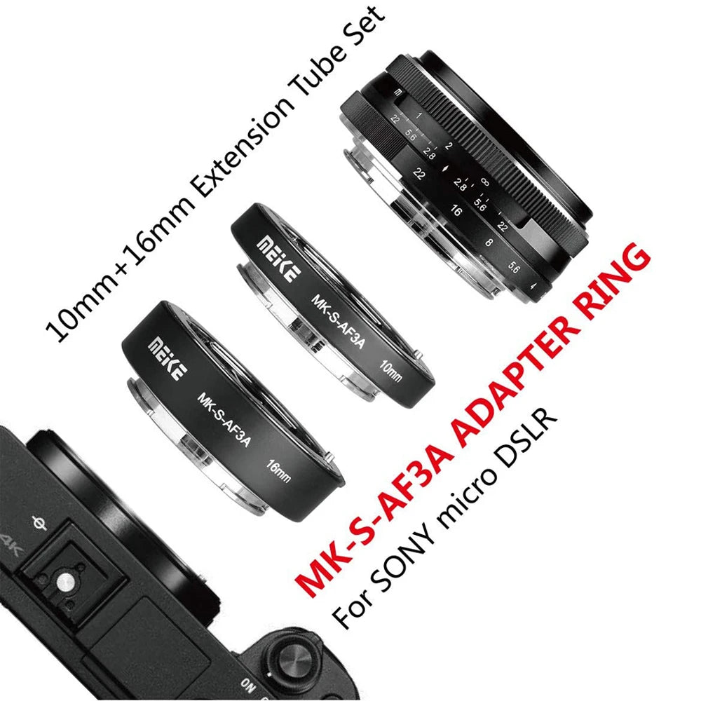 MEIKE MK-S-AF3A Metal Auto Focus Macro Extension Tube Adapter Ring 10mm 16mm for Sony Mirrorless E-Mount FE-Mount A7 NEX Camera