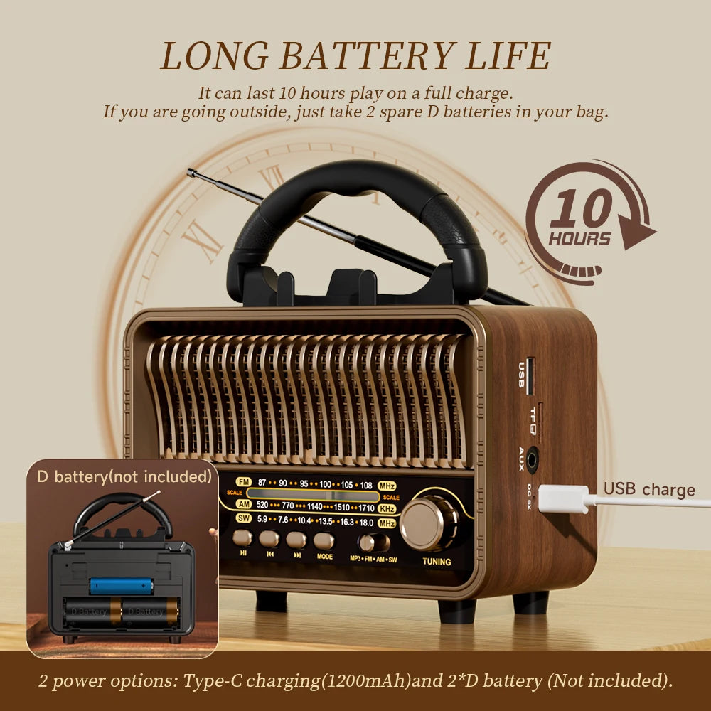 Retro Wireless Radio Portable AM/FM/SW with USB Rechargeable Battery With antenna, AUX and TF card playback, suitable for home