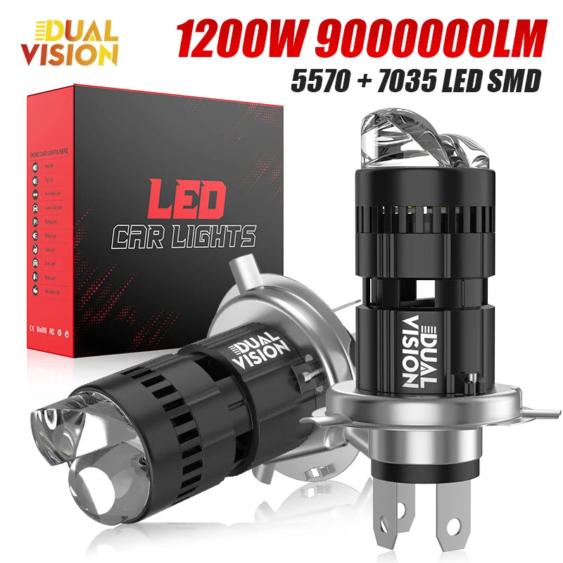 1200W H4 Bi Mini LED Projector Lens Headlights 9000000LM Turbo Lamps Super Bright 6000K White Dual Motorcycle Plug&Play 12V 24V