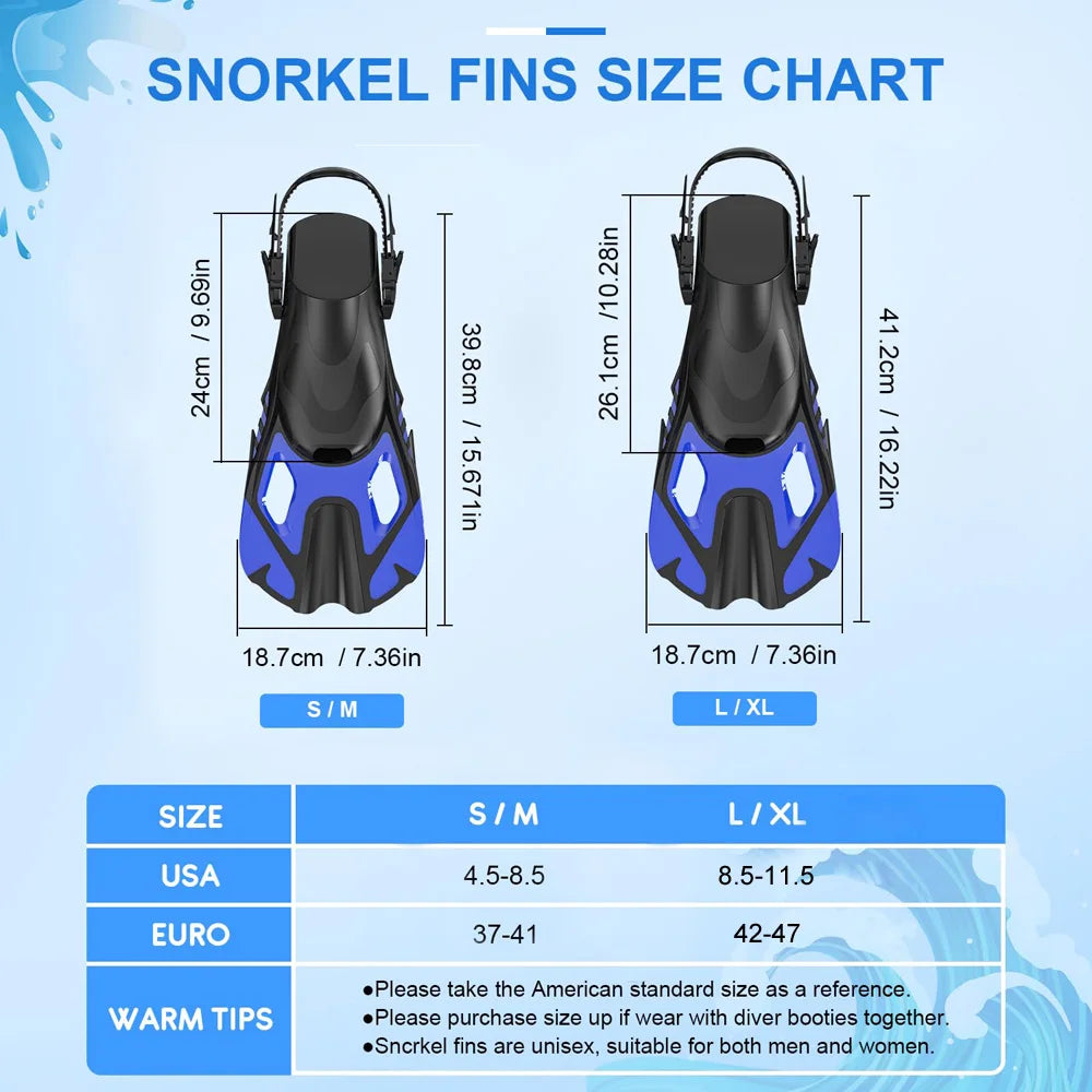 Snorkel Fins Swim Fins Adjustable Buckles Swimming Flippers Short Silicone Scuba Diving Shoes Open Heel Travel Size Beginners