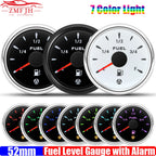 2"52mm Fuel Level Gauge with Flashing Alarm 0-190ohm 240-33ohm 10-180ohm 0-90ohm Oil Tank Meter 7 Color Backlight for Car Boat