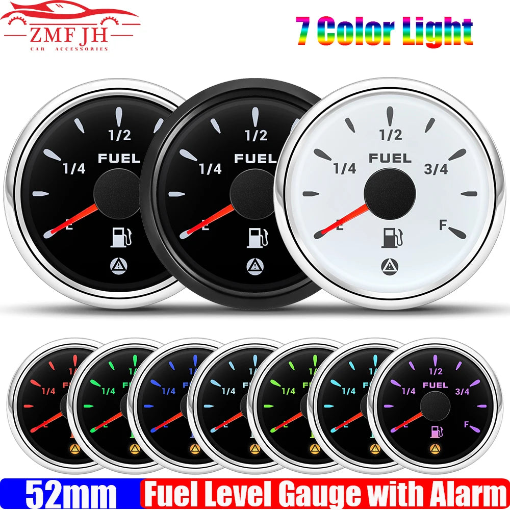2"52mm Fuel Level Gauge with Flashing Alarm 0-190ohm 240-33ohm 10-180ohm 0-90ohm Oil Tank Meter 7 Color Backlight for Car Boat