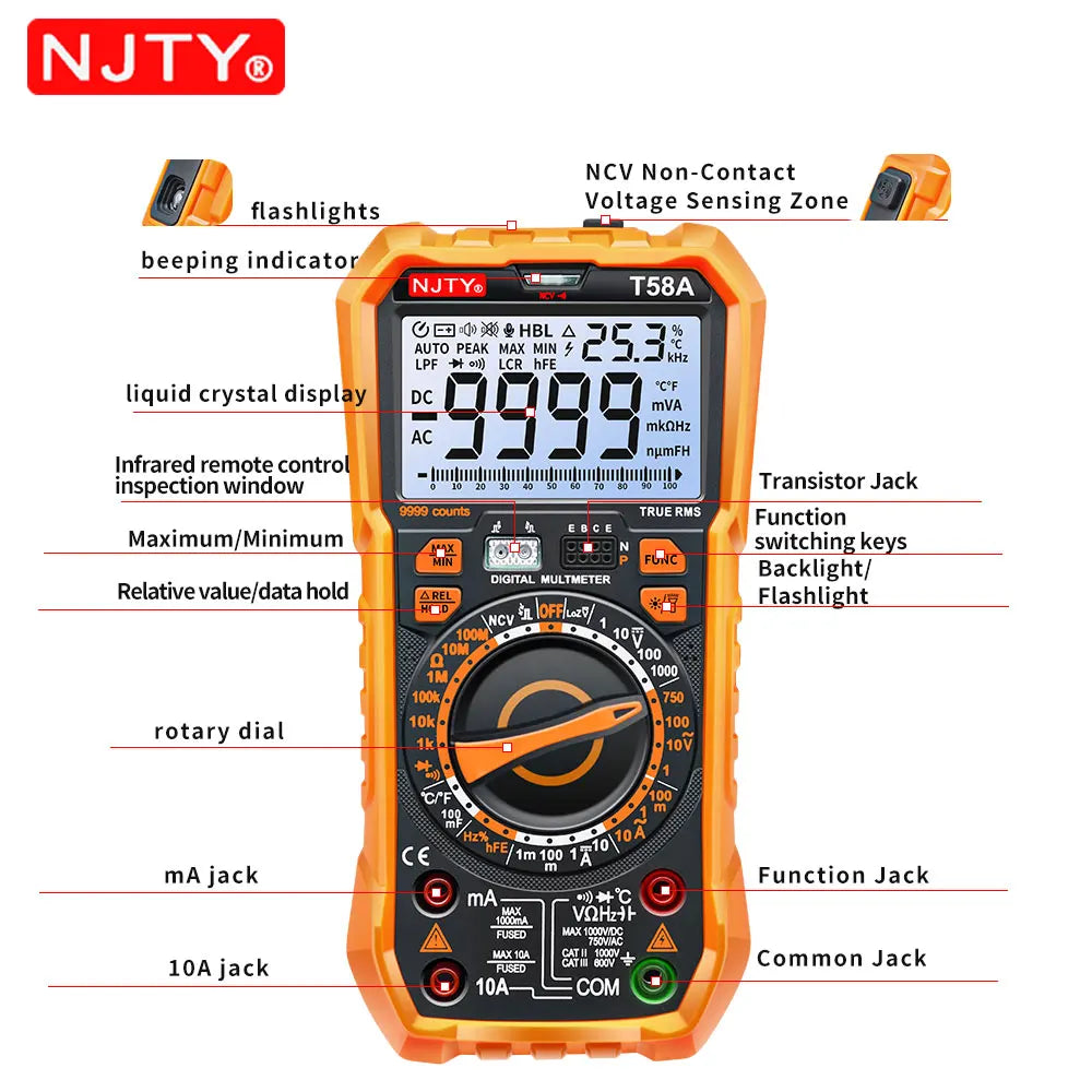 TY T58A/B  NCV Digital Multimeter 9999 words Auto Ranging AC/DC voltage meter Flash light Back light Large Screen like RM113D