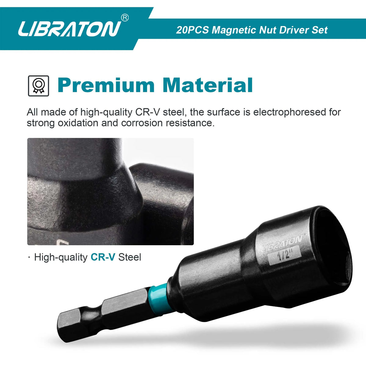 LIBRATON Magnetic Nut Driver Bit Set 20pcs 1/4" Impact Drill Metric 5-13mm SAE 3/16-1/2"