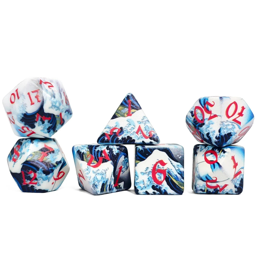 Wave Print Polyhedral Dice Set 7pc Colorful Brush DND RPG MTG Board Game Dice