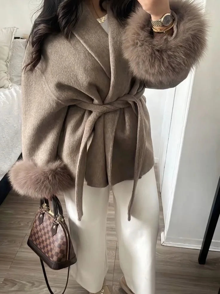 Elegant Lace Up Woolen Coat Women Furry Lapel Fur Patchwork Belt Loose Short Jacket Female Lady 2025 Autumn Winter New Cardigans