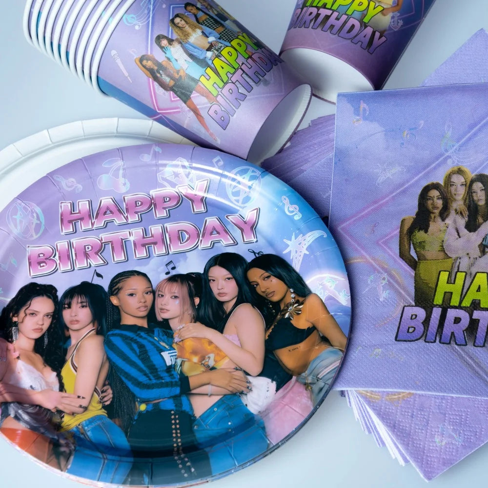 Katseye birthday party tableware set 60pcs disposable plates cups napkins, girls theme