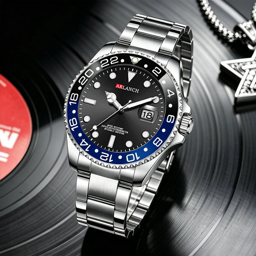 Stainless Steel Quartz Wristwatch 40mm with Date Magnifier, Red/Blue Bezel