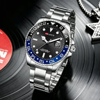 Stainless Steel Quartz Wristwatch 40mm with Date Magnifier, Red/Blue Bezel