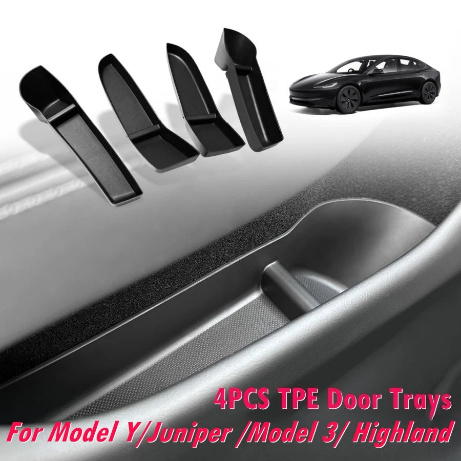 4PCS TPE Side Door Box Trays For Tesla Moldel Y Juniper Model 3 Highland Model Y/3 Door Storage Organizer Front Rear Door Trays