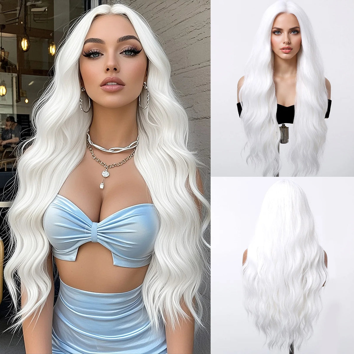 Silver White Medium Large Wave Synthetic Long Curly Hair Fashionable Elegant Pure White Imitation Wig Women's Wig