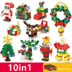 DIY 8in1 Lights Christmas Elk Deer Santa Claus Train Architecture Store Street View Xmas Tree Snow House Building Block Kit Toy