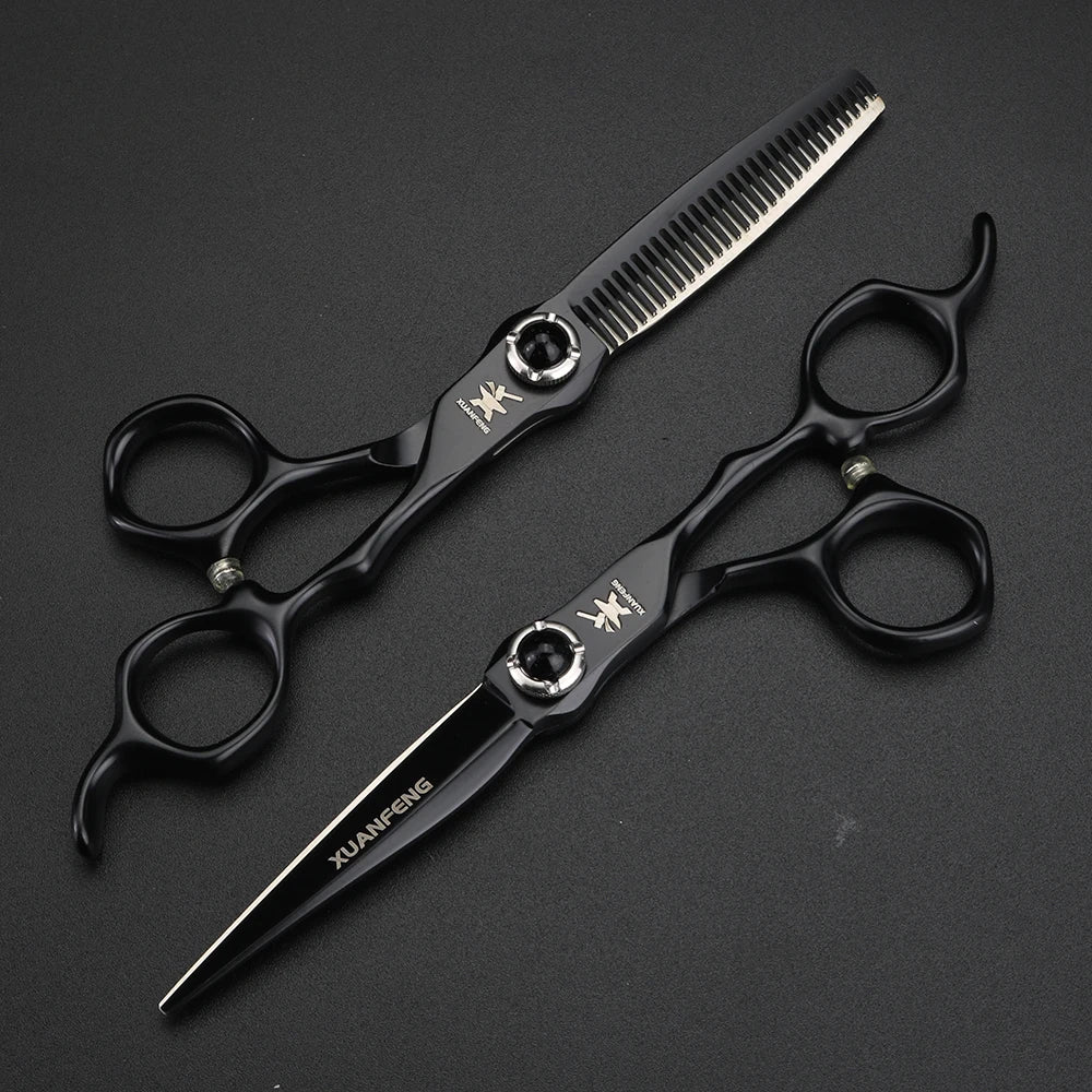 6-inch JP440C steel hair cutting scissors set, black gemstone screw, 2pcs