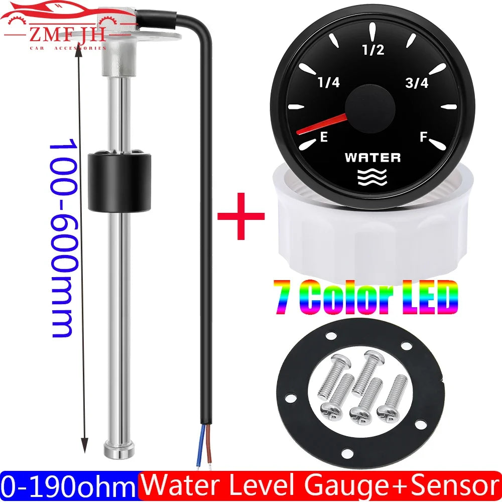 0-190 Ohm Water Level Sensor 52mm Water Level Gauge with 7 Color LED Water Tank Meter Indicator Petrol Boat Car 12V24V Custom