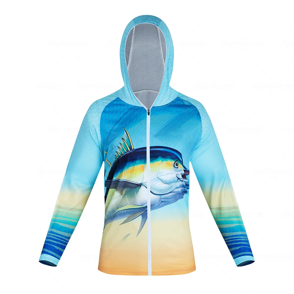Men's Hooded Long Sleeve Fishing Shirt UV Protection Breathable Outdoor Top, Sizes S-5XL