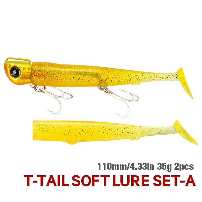 TSURINOYA  9PCS 110mm 35g Long Casting Jig Head T Tail Soft Lure Set Flounder Seabass Fishing Lure Sinking Large Baits