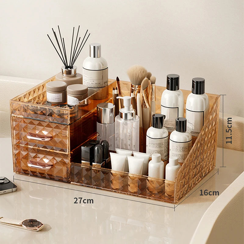 Makeup Organizer with Transparent Drawer, Large Capacity Cosmetic Storage Box - Brown/Cream