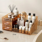 Makeup Organizer with Transparent Drawer, Large Capacity Cosmetic Storage Box - Brown/Cream