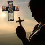 Handcrafted Pocket Shrine with Cross Included Inside,Faith Cross-Shaped Fabric Pouch Sewing Pocket with Saint Images Prayers ﻿