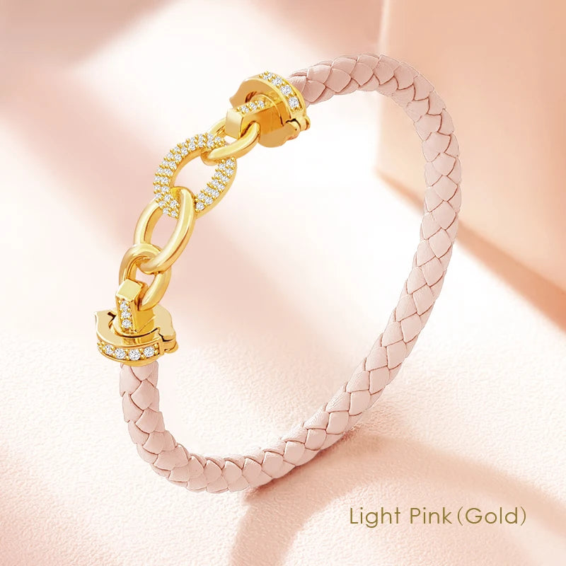 MOONLIGHT New Luxury Women's Zircon Ring Round Bracelet Genuine Braided Leather Bracelet for Woman Fashion Accessories 8 colors