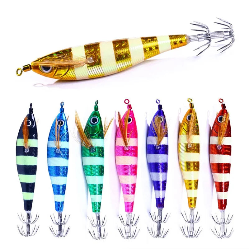 Ackibbik 7pcs Horizontal Squid Jigs Jigging Baits for Sea Fishing Artificial Squid Hook Saltwater Wood Shrimp Lure