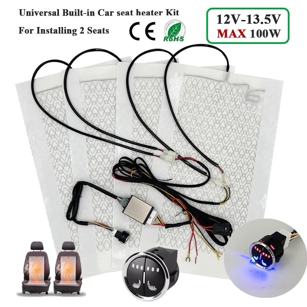 Universal Built-in Car Seat Heater Kit Fit 2 Seats 12V 100W Carbon Fiber Heating Pads with 3 Levels Control Switch System