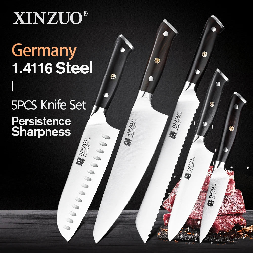 XINZUO 1pc-5pcs Kitchen Knives Set German 1.4116 Steel Chef Cleaver Santoku Utility Paring Knife Nature Ebony Wood Handle
