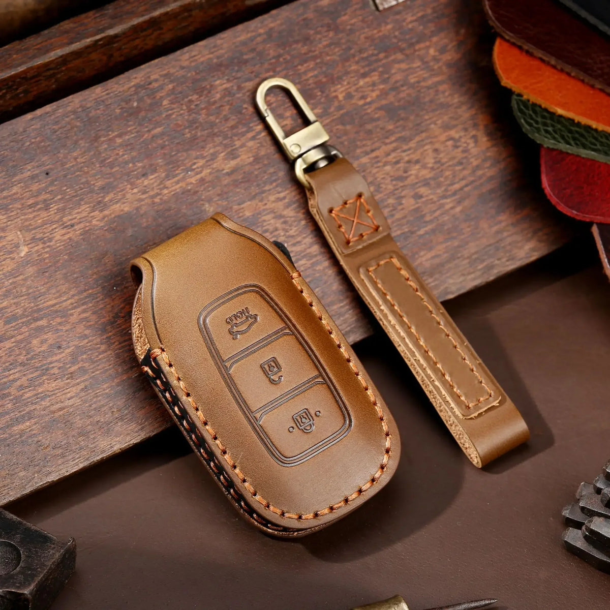 Leather car key fob cover case for Hyundai i30 Kona Elantra Santa Fe, black/blue/brown