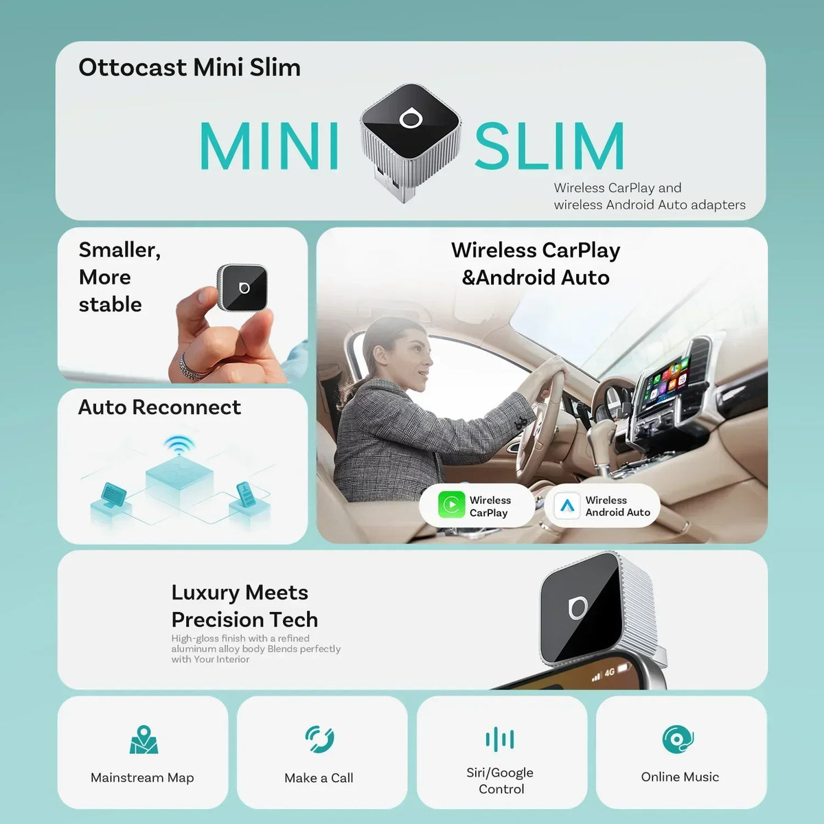 Ottocast Mini Slim Wireless CarPlay Android Auto Adapter USB Dongle Plug Play Wifi Auto Connect for Mercedes Benz Audi Toyota et