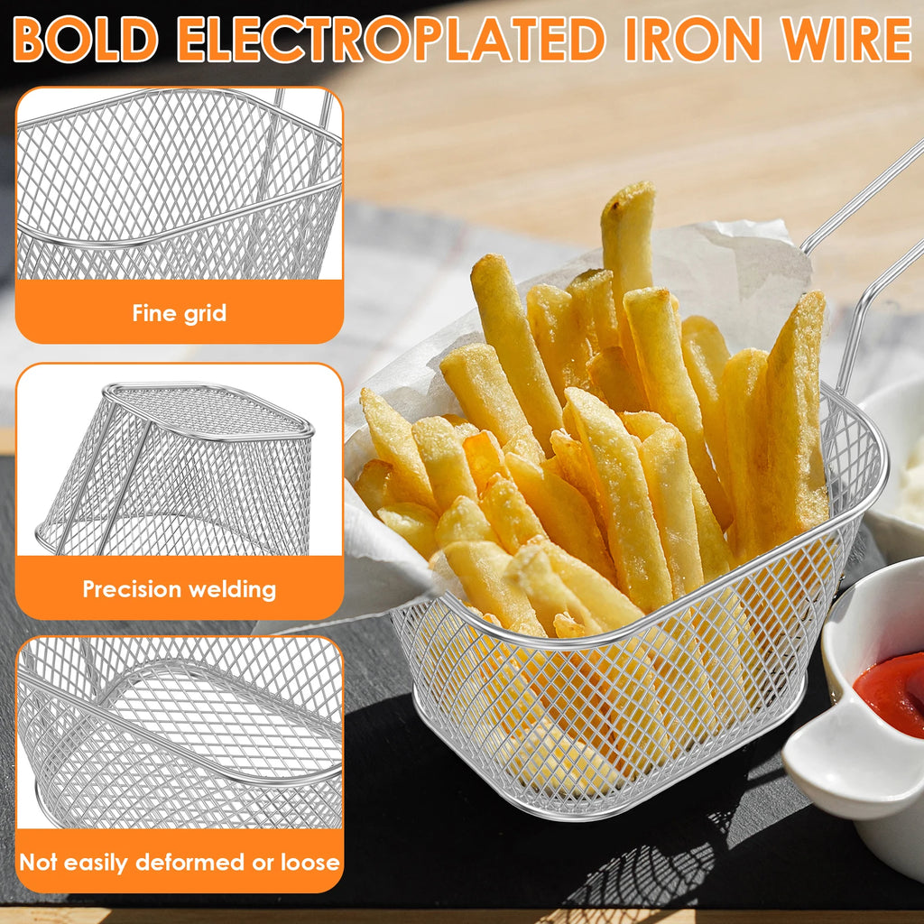 Mini deep fry basket set with long handle, stackable chip strainer, silver, 8pcs