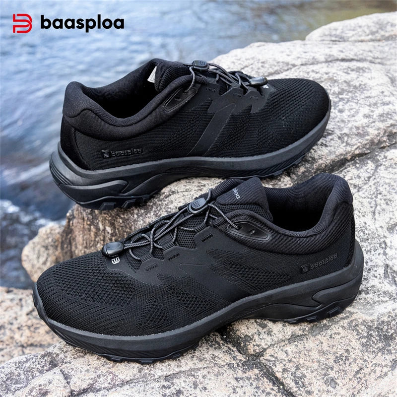 Baasploa New Hiking Shoes Men Casual Mesh Breathable Elastic Buckle Sneakers Male Outdoor Lightweight Non Slip Walking Shoes