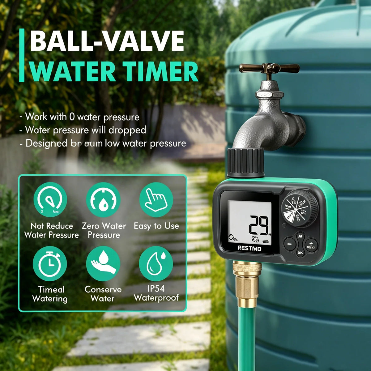 Low Water Pressure Garden Water Timer Sprinkler Controller for Rain Barrels, Green