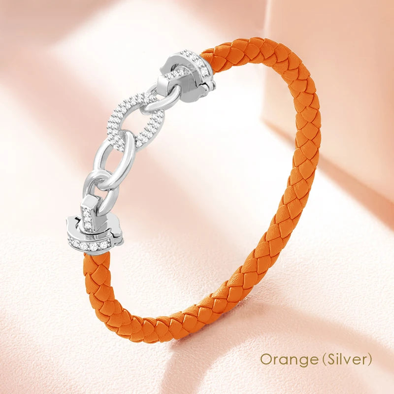 MOONLIGHT New Luxury Women's Zircon Ring Round Bracelet Genuine Braided Leather Bracelet for Woman Fashion Accessories 8 colors