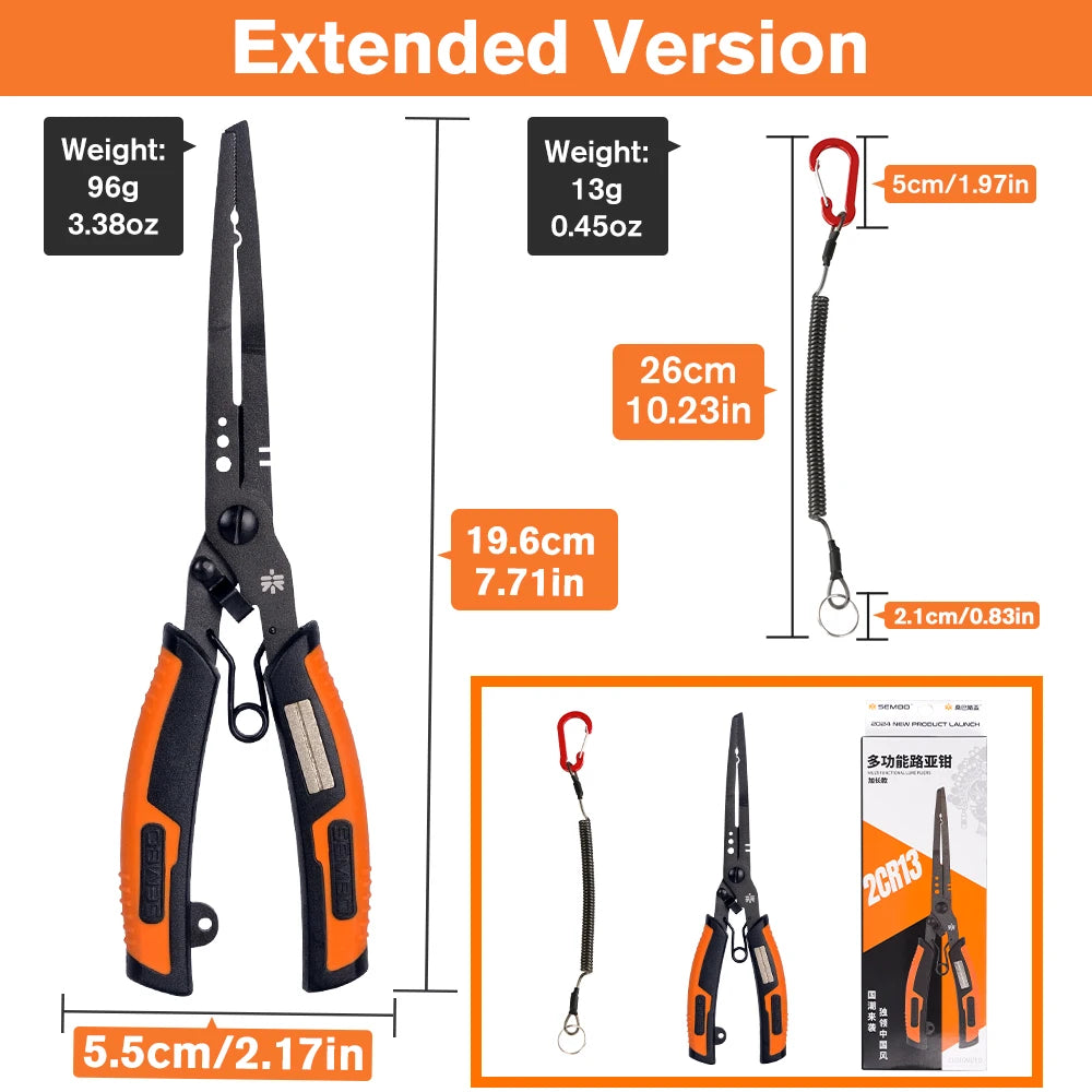 ZUKIBO Multifunction Fishing Pliers Extended version Stainless Steel PTFE Coating Fishing Split Ring Plier with Hook Sharpener