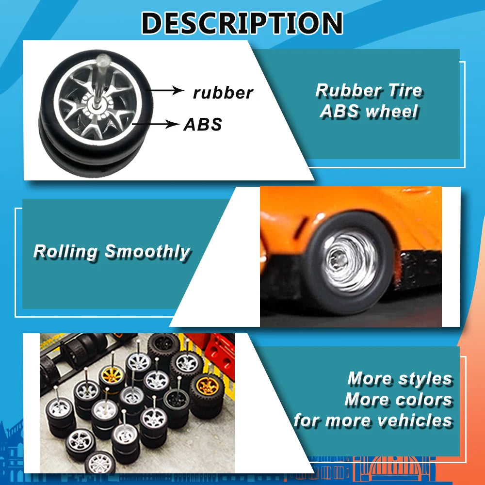 1/64 Wheels with Detachable Rubber Tires Electroplated Color for Toy Model Diecast Cars Refiting Parts for Hotwheels (5 sets)