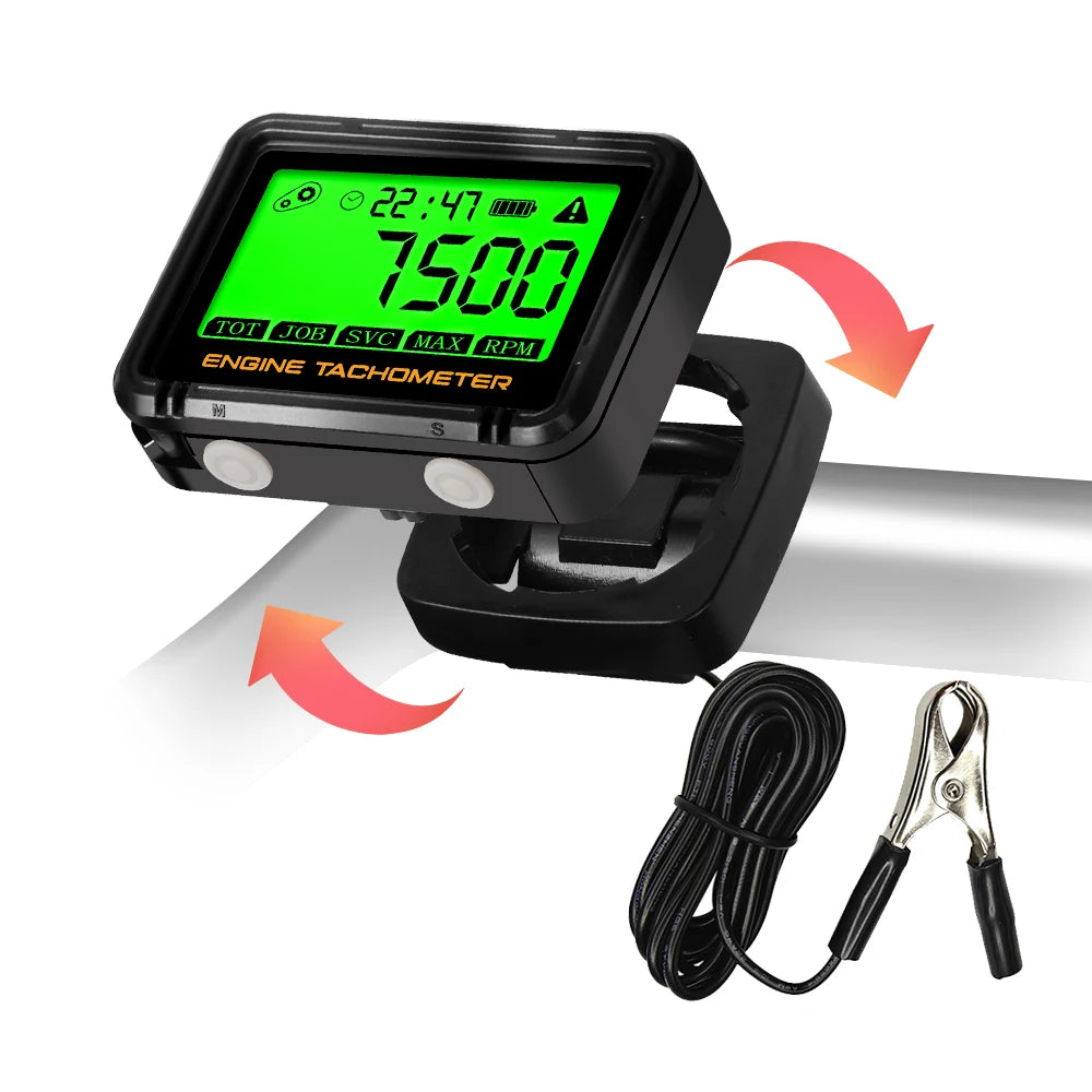 Tachometer Hour Meter Digital Motorcycle ATV Lawn Mower Engine Gauge LCD SVC Inductive Alert RPM Clock Backlight Waterproof