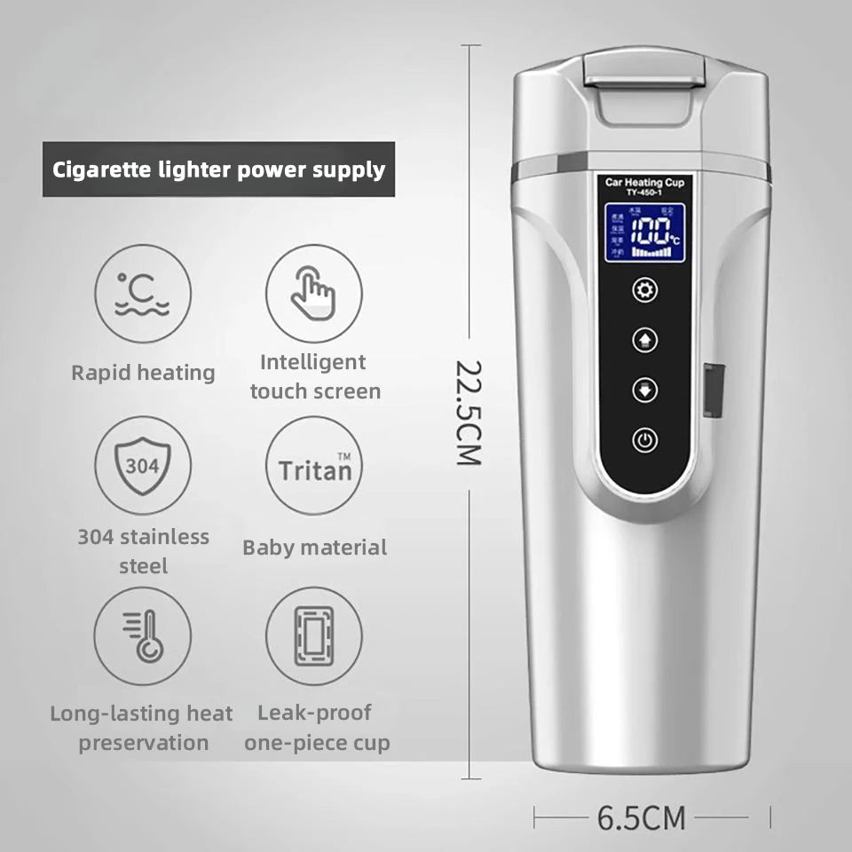 Portable Electric Kettle 12v/24v Smart Car Heating Cup Touch Screen Thermal Mug 450ml Car Heating Mug Temperature Adjustable