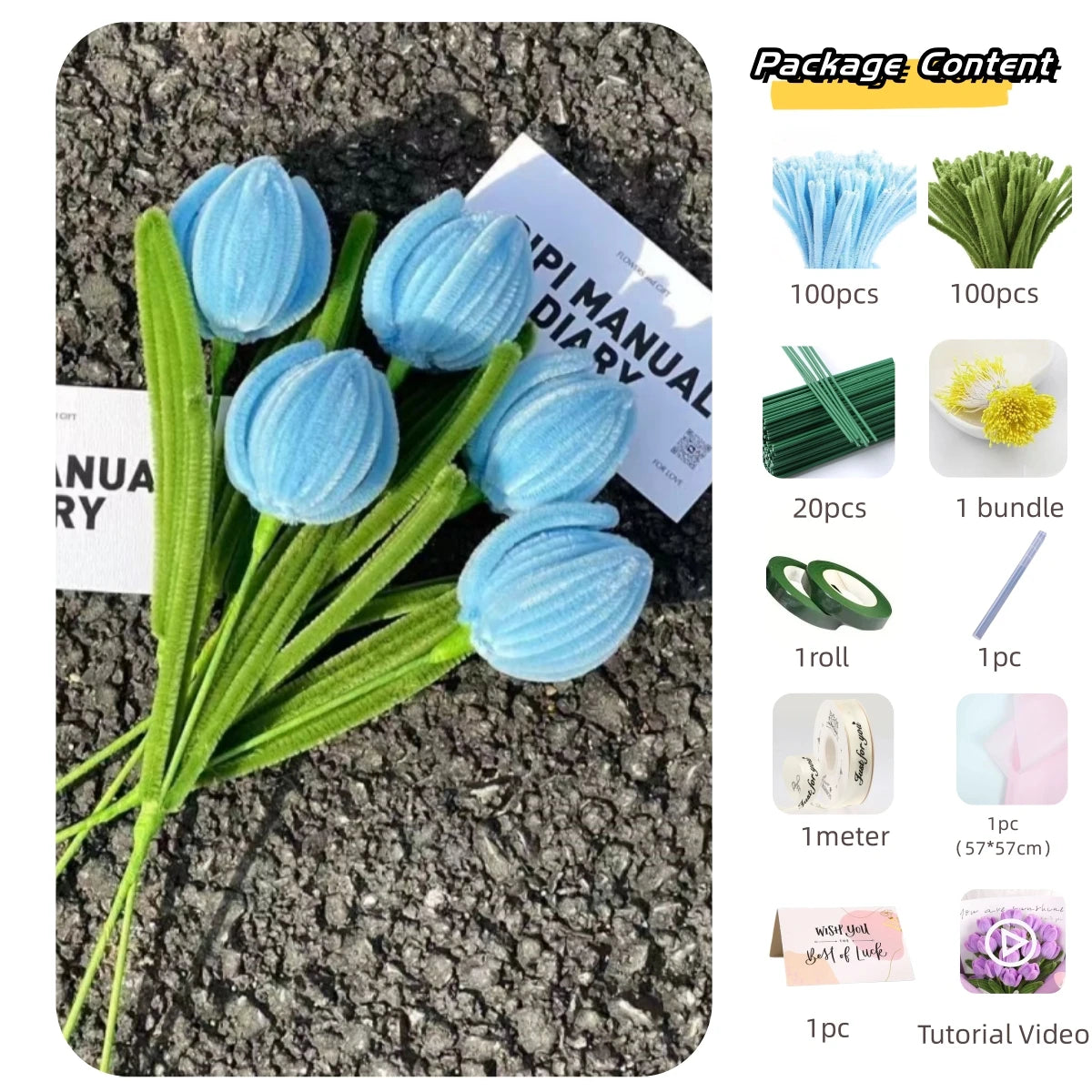 200pcs Pipe Cleaners Craft Supplies with 20pcs Metal Rods,1 Glue Bar,1 Garden Tape, 1m ribbon, 1pc Haze paper and 1 Gift Card
